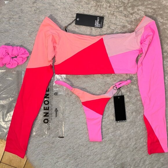 NWT OneOne Swimwear SET Bikini Gili Antonia Fernanda Pink Red NEW Long Sleeve - Picture 2 of 7